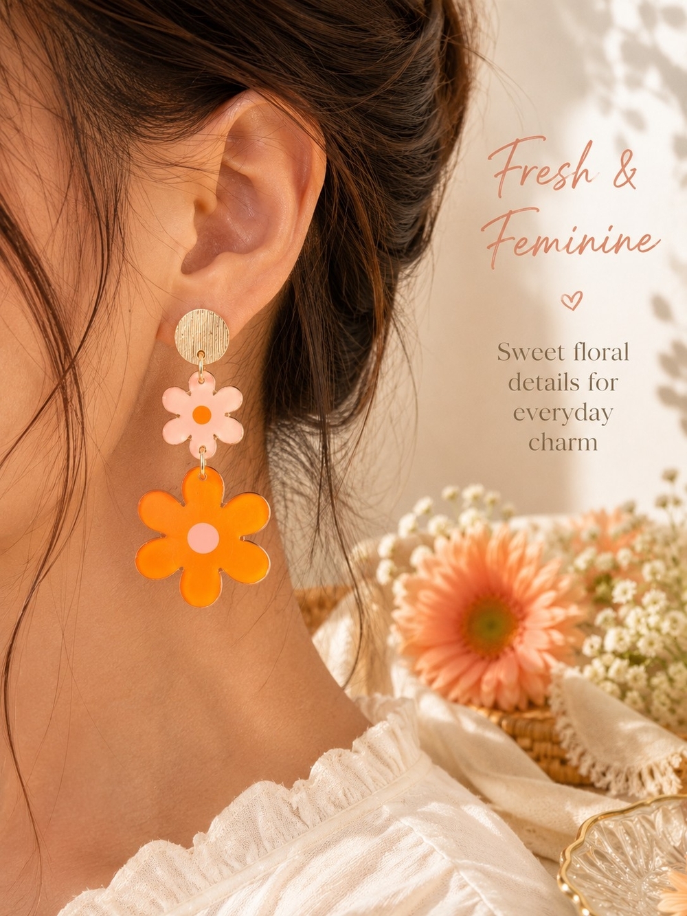 Fresh & Feminine Orange Floral Drop Earrings by